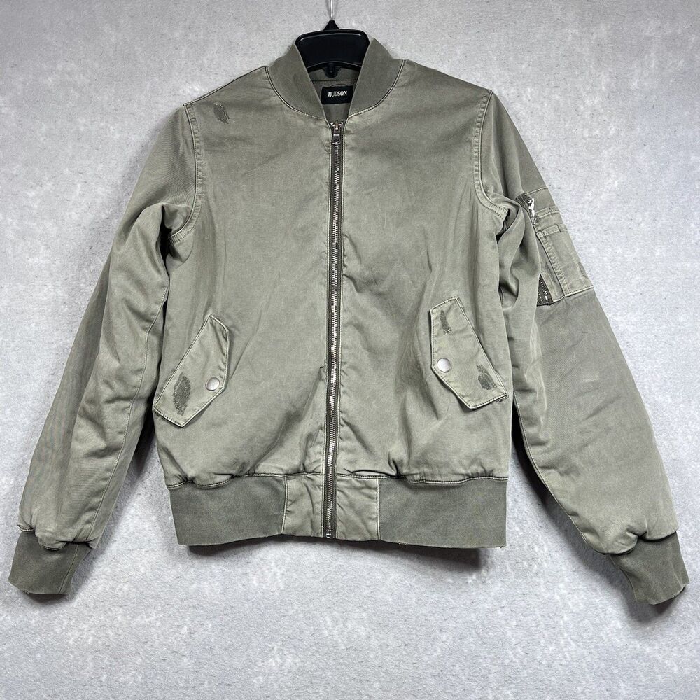Hudson Bomber Canvas Jacket Women’s Size Small Green Snap Pockets Full Zip